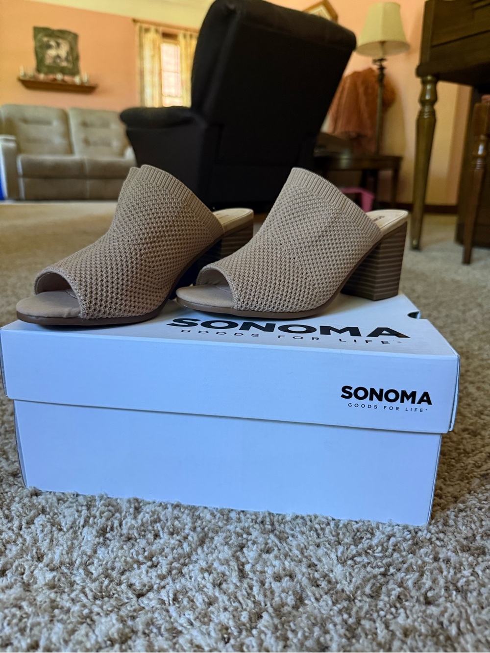 New SONOMA Knit Open-Toe Block Heel Mules in Beige - Picture 4 of 4